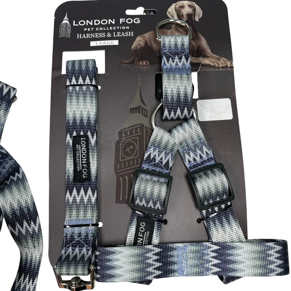 Lot of Dog Leash Harness London Fog Blue Gray Chevron + Dogness Red Faux Leather